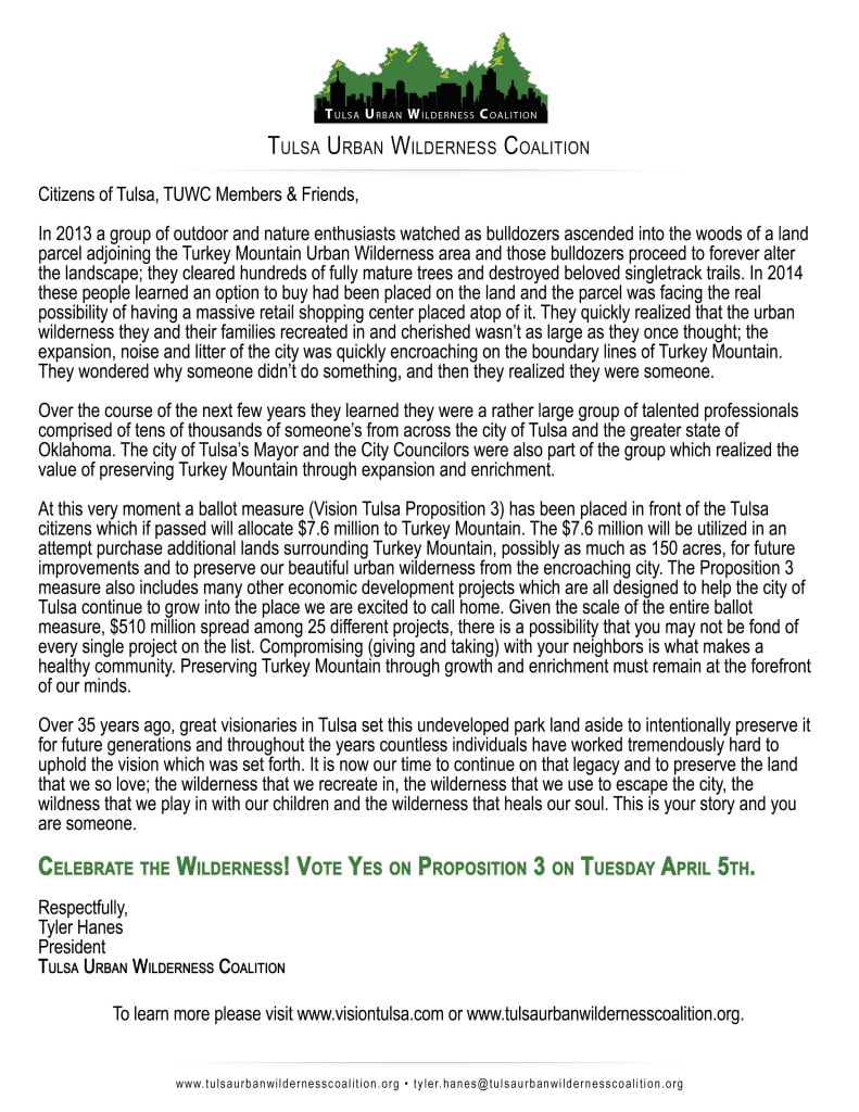 Letter from TUWC President Tyler Hanes about Vision Tulsa Proposition 3